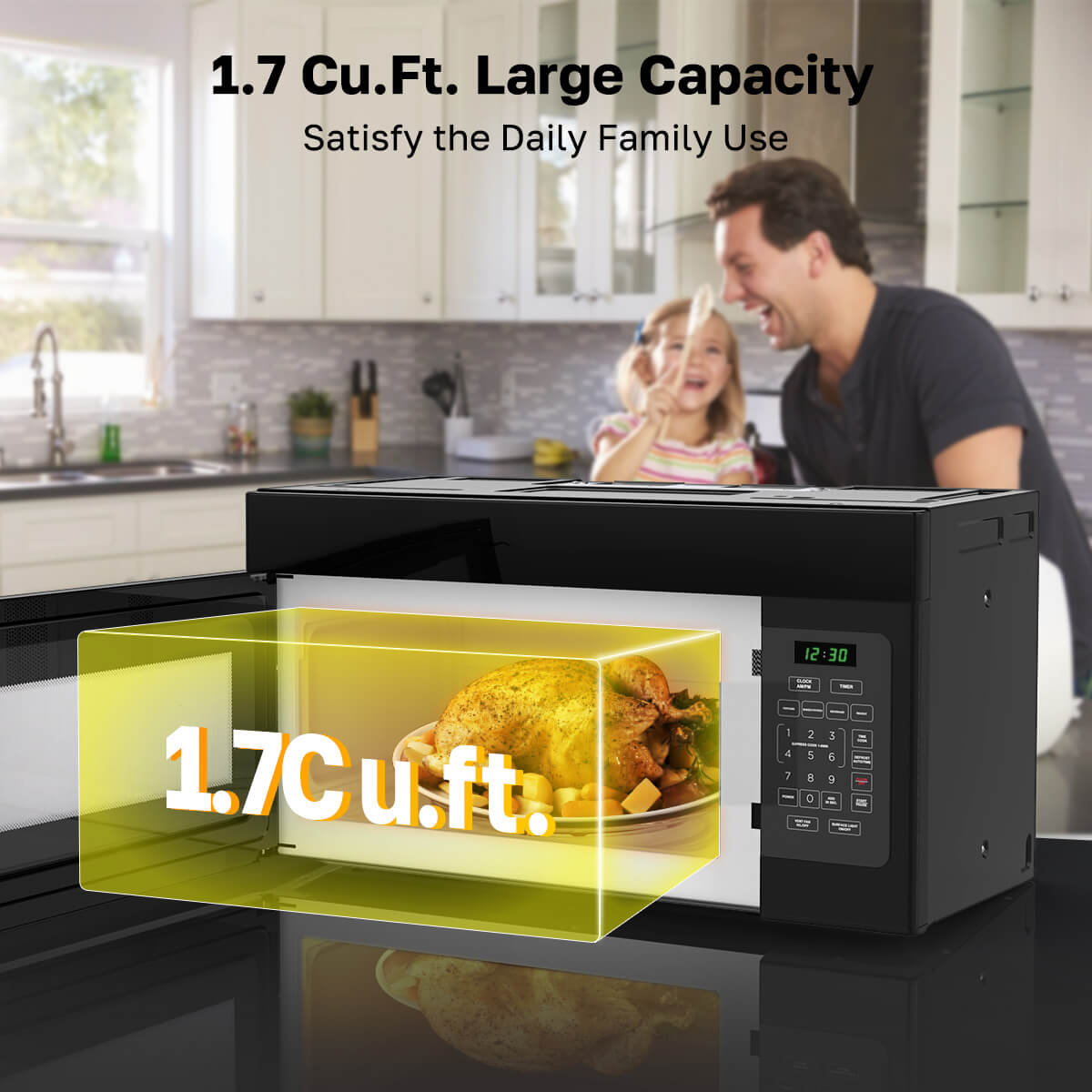 Microwave oven with 1.7 Cu.Ft. capacity in a kitchen setting, showing a family using it.