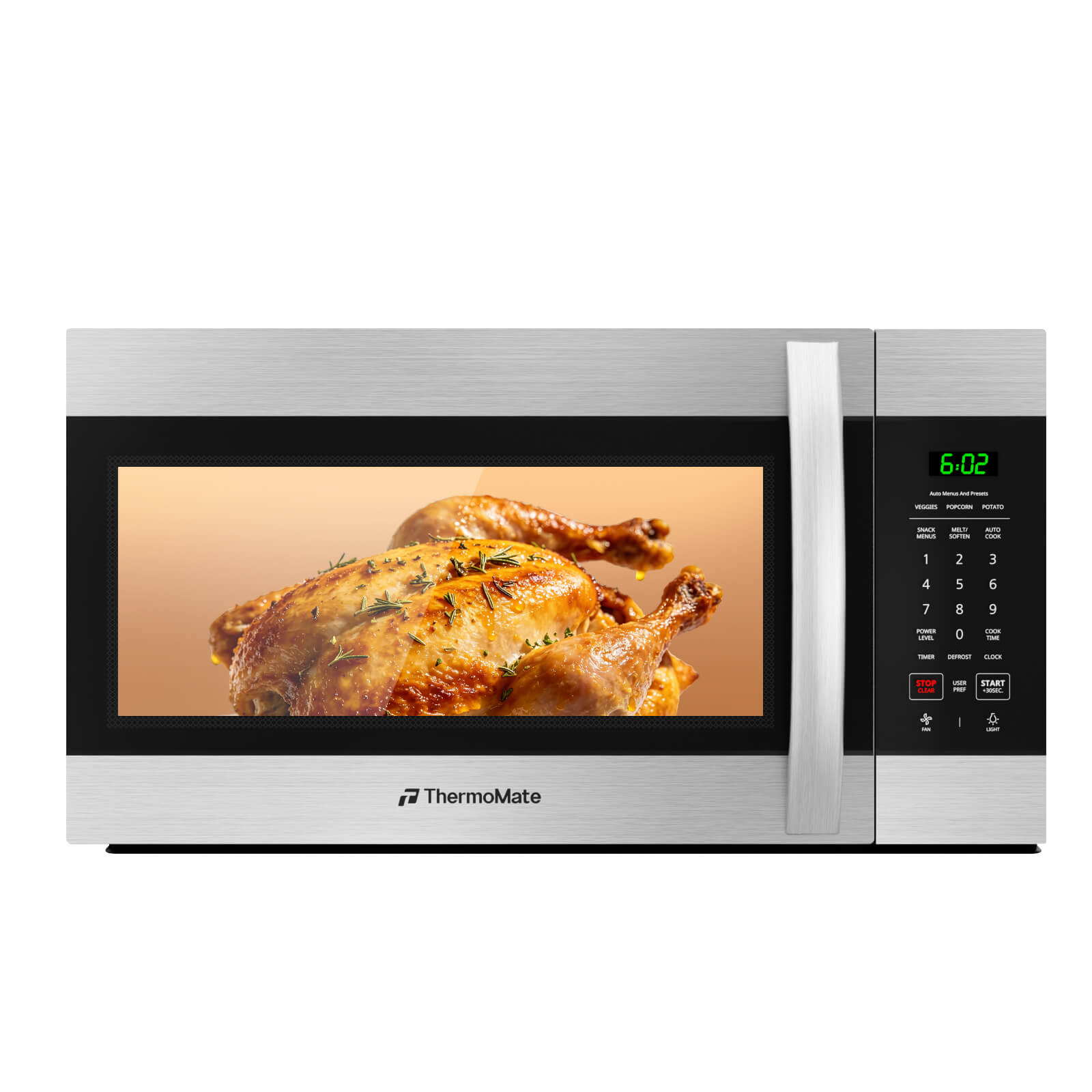 ThermoMate 30-inch over-the-range microwave with spacious 1.7 cu. ft. interior, removable glass turntable and room for family-size meals