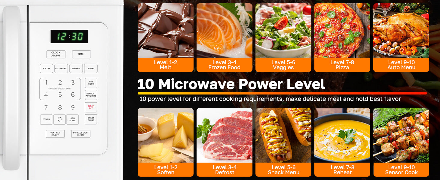 Microwave oven with digital display and power level buttons, alongside a chart of microwave power levels with food images.