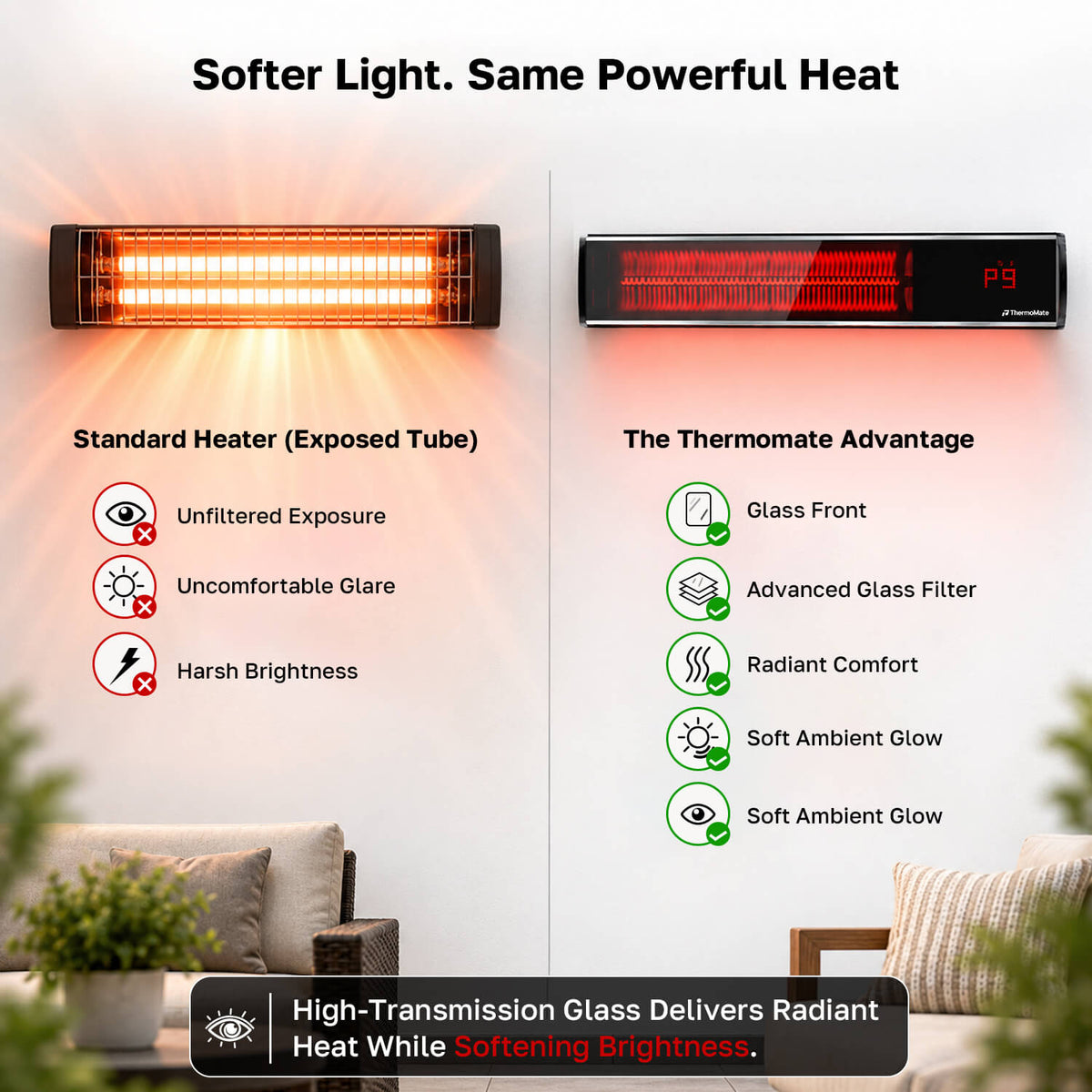 1500W carbon fiber infrared patio heater mounted on an outdoor patio with low-glare glass front and IP67 protection