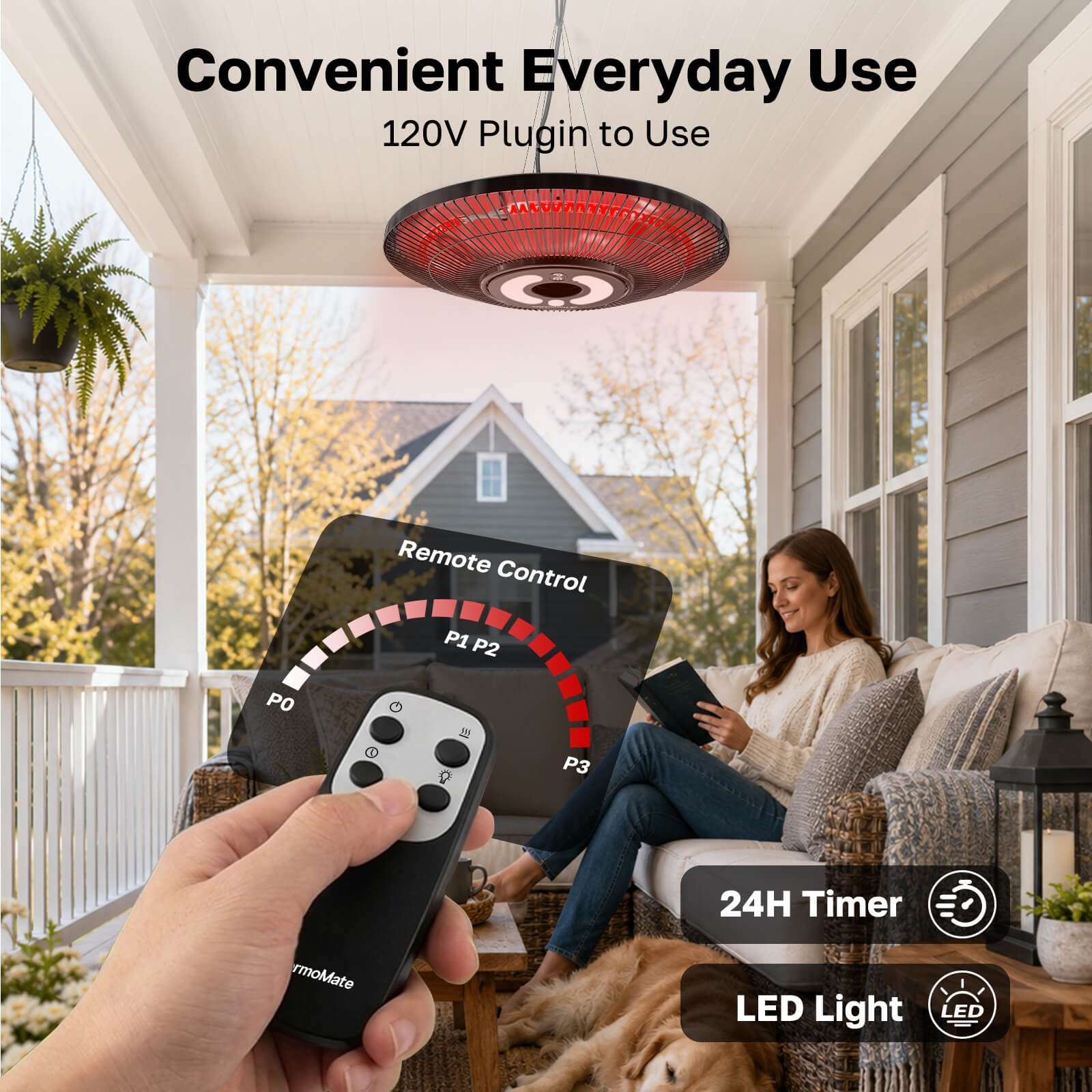 1500W hanging patio heater with remote control, 24-hour timer, LED light and 120V plug-in design