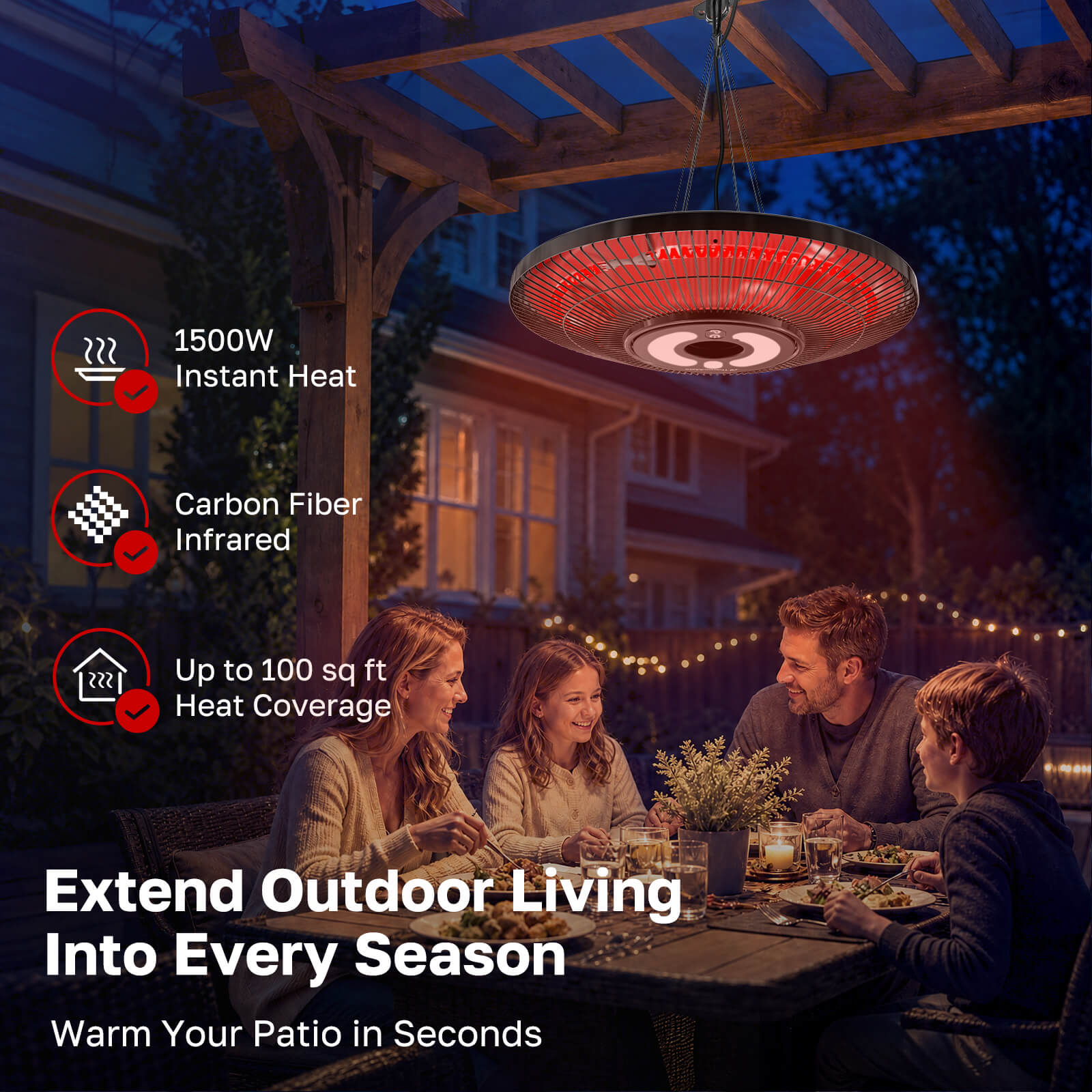 1500W infrared hanging patio heater providing instant heat for outdoor dining areas up to 100 sq ft