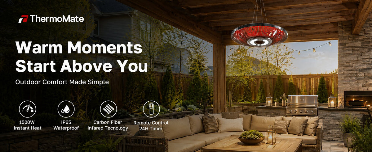 1500W infrared hanging patio heater with IP65 waterproof design, carbon fiber heating and remote control