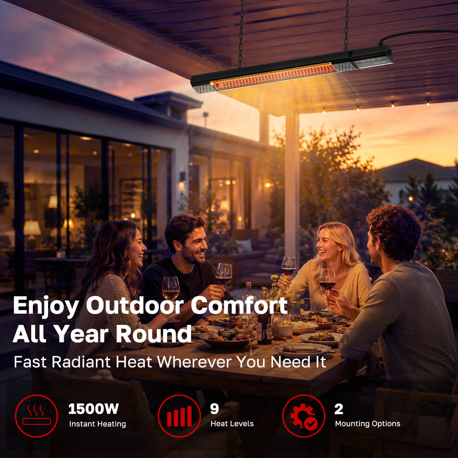 1500W infrared patio heater providing radiant heat over a covered outdoor patio dining area