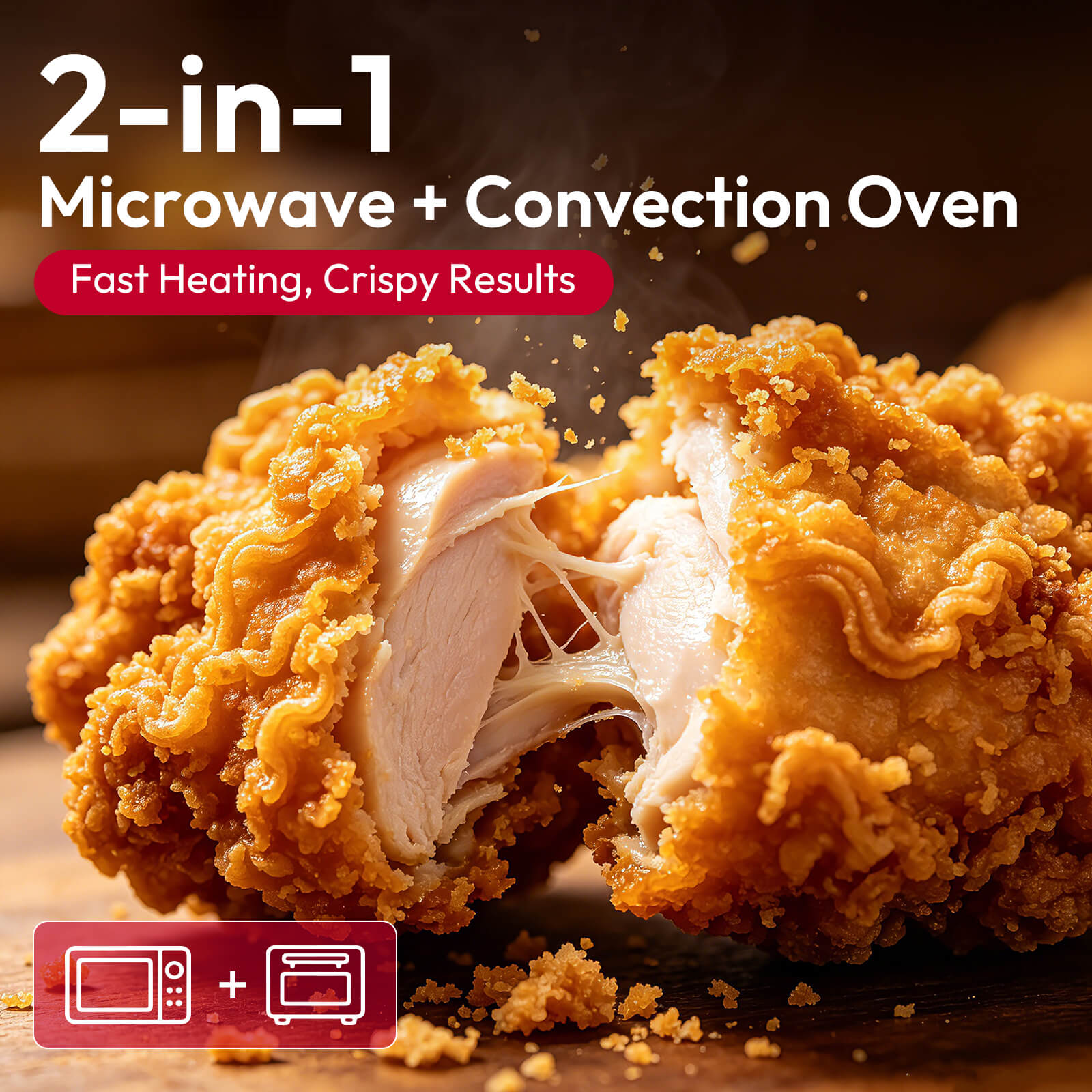 Crispy fried chicken highlighting ThermoMate 2-in-1 microwave and convection oven cooking for fast heating and crisp results