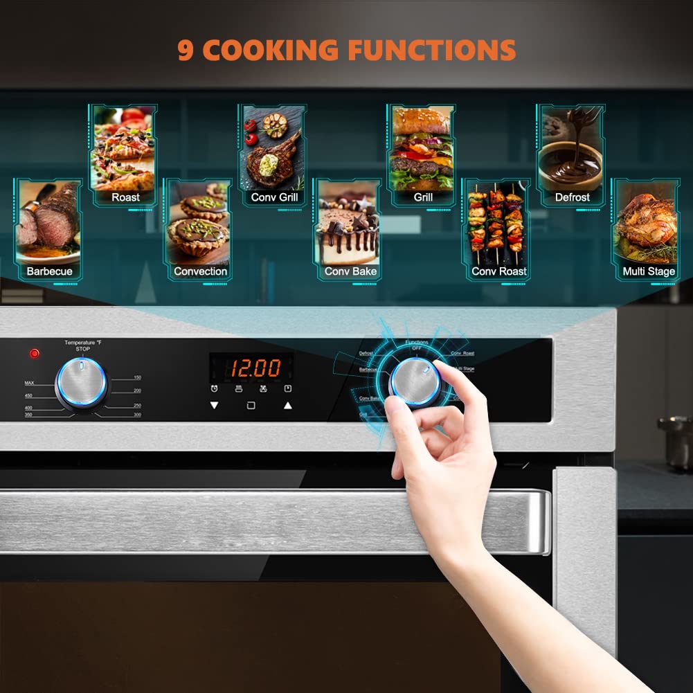 24 Inch Electric Single Wall Oven, 9 Cooking Functions | Thermomate