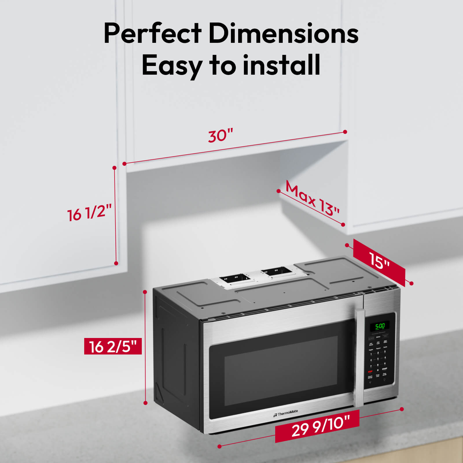 ThermoMate 30-inch over-the-range convection microwave showing installation dimensions including 29.9 inch width, 15 inch depth, and 16.4 inch height