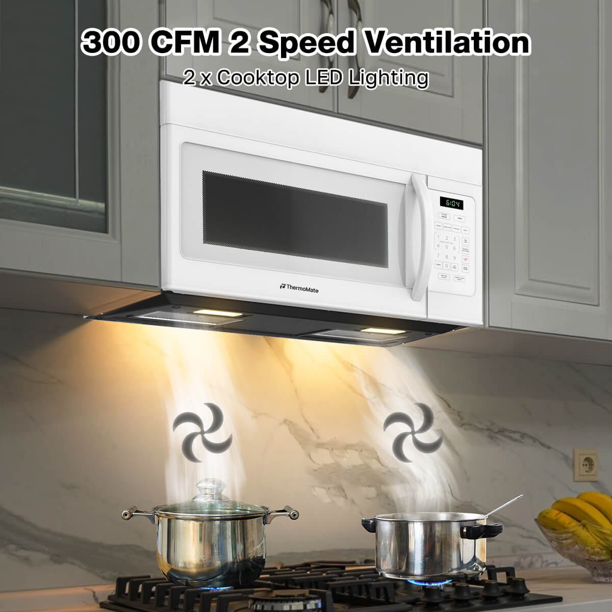Kitchen with a microwave and range hood, featuring 300 CFM 2-speed ventilation and 2 cooktop LED lighting.