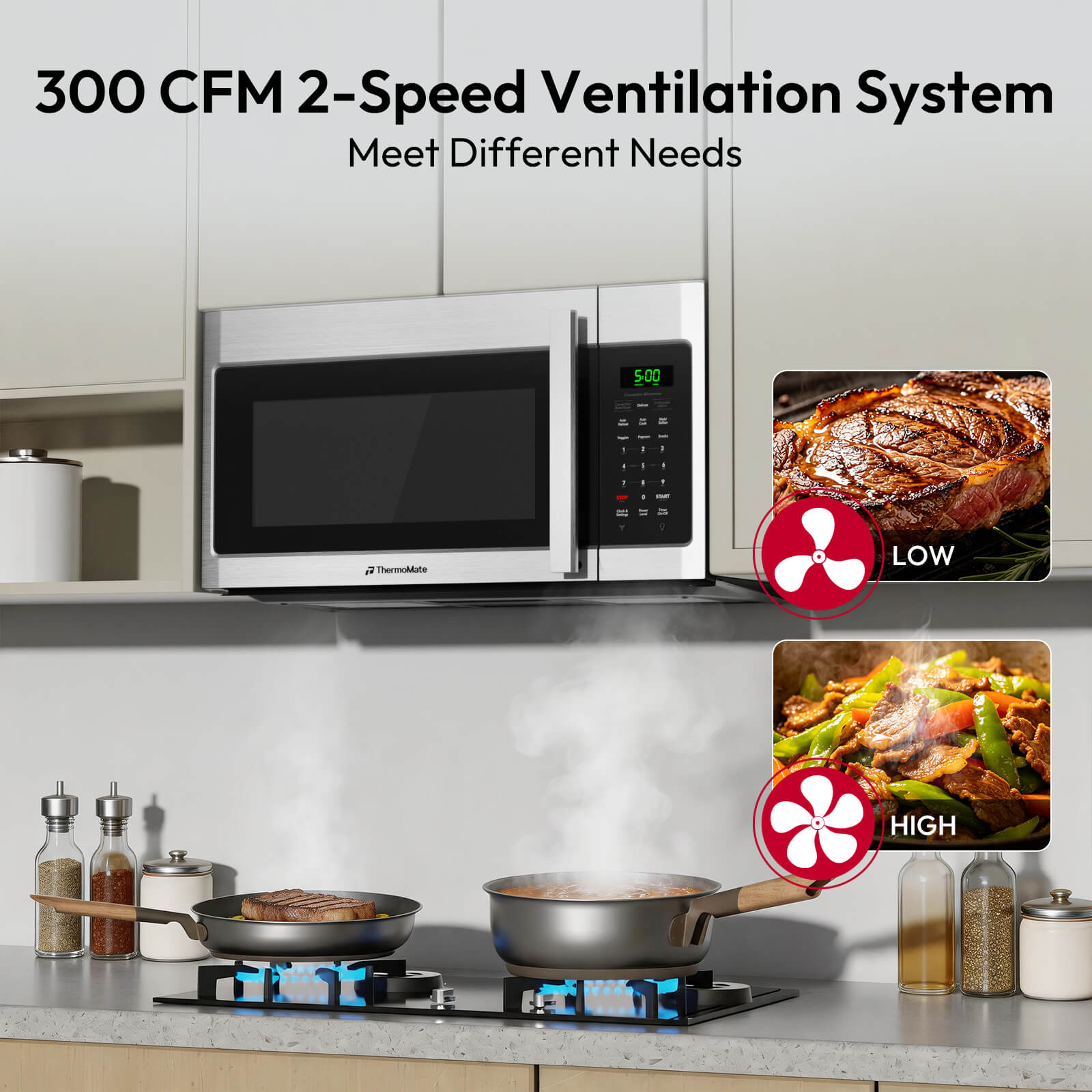 ThermoMate over-the-range convection microwave with 300 CFM two-speed exhaust fan for removing smoke, steam, and cooking odors