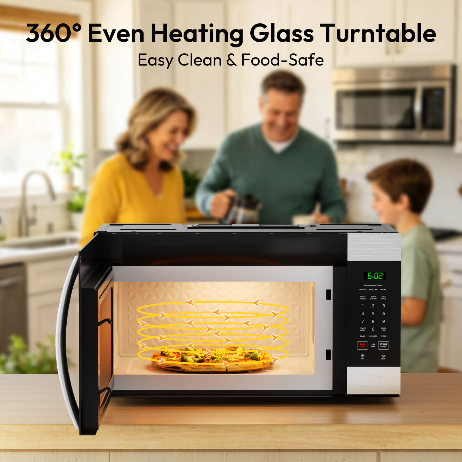 ThermoMate over-the-range microwave with 300 CFM two-speed ventilation system to help remove smoke, steam and cooking odors