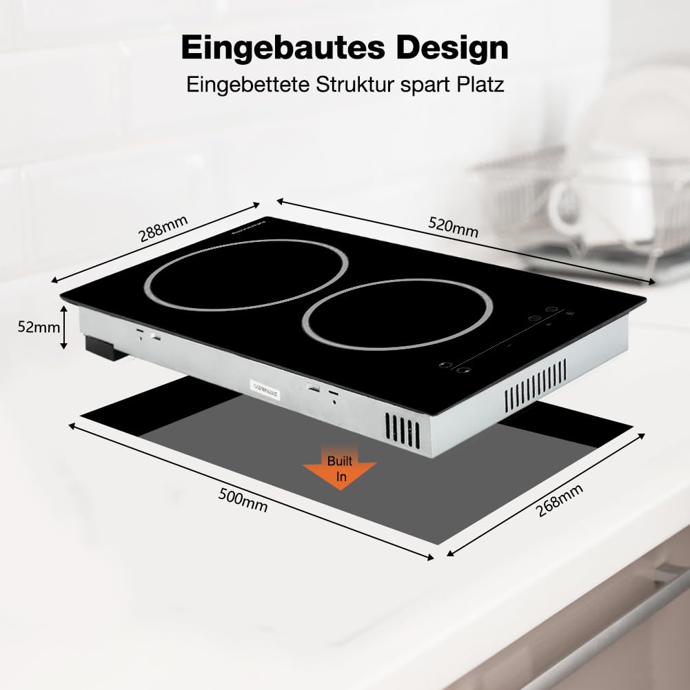 Ceramic Hob, thermomate 30cm Built-in Radiant Electric Cooktop, 3200W Electric Hob with 2 Zones, 9 Heating Level, Timer & Kid Safety Lock, Sensor Touch Control
