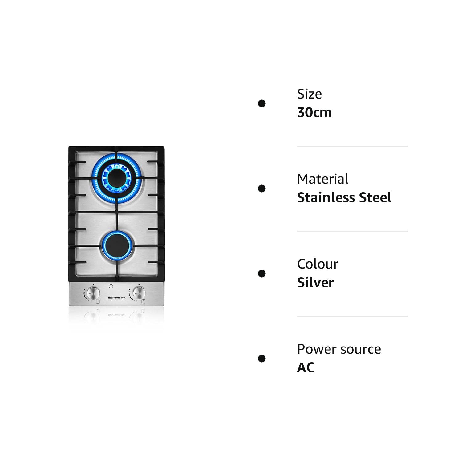 Thermomate 30cm Stainless Steel Built-in 2 Burners Gas Hob