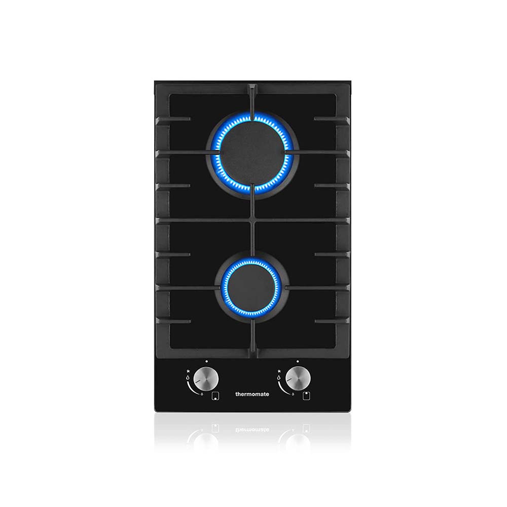 Thermomate 30cm Built-in 2 Burner Gas Hob, Black Glass Gas Cooktop, Cooker with FFD and Cast Iron Pan Supports