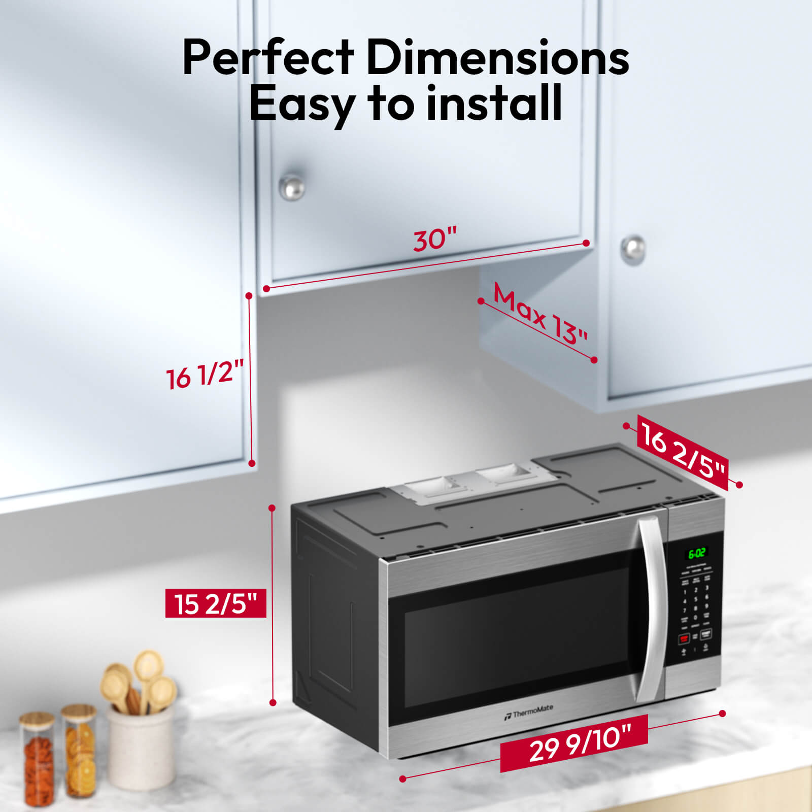 ThermoMate over-the-range microwave with removable glass turntable designed for 360-degree even heating and easy cleaning