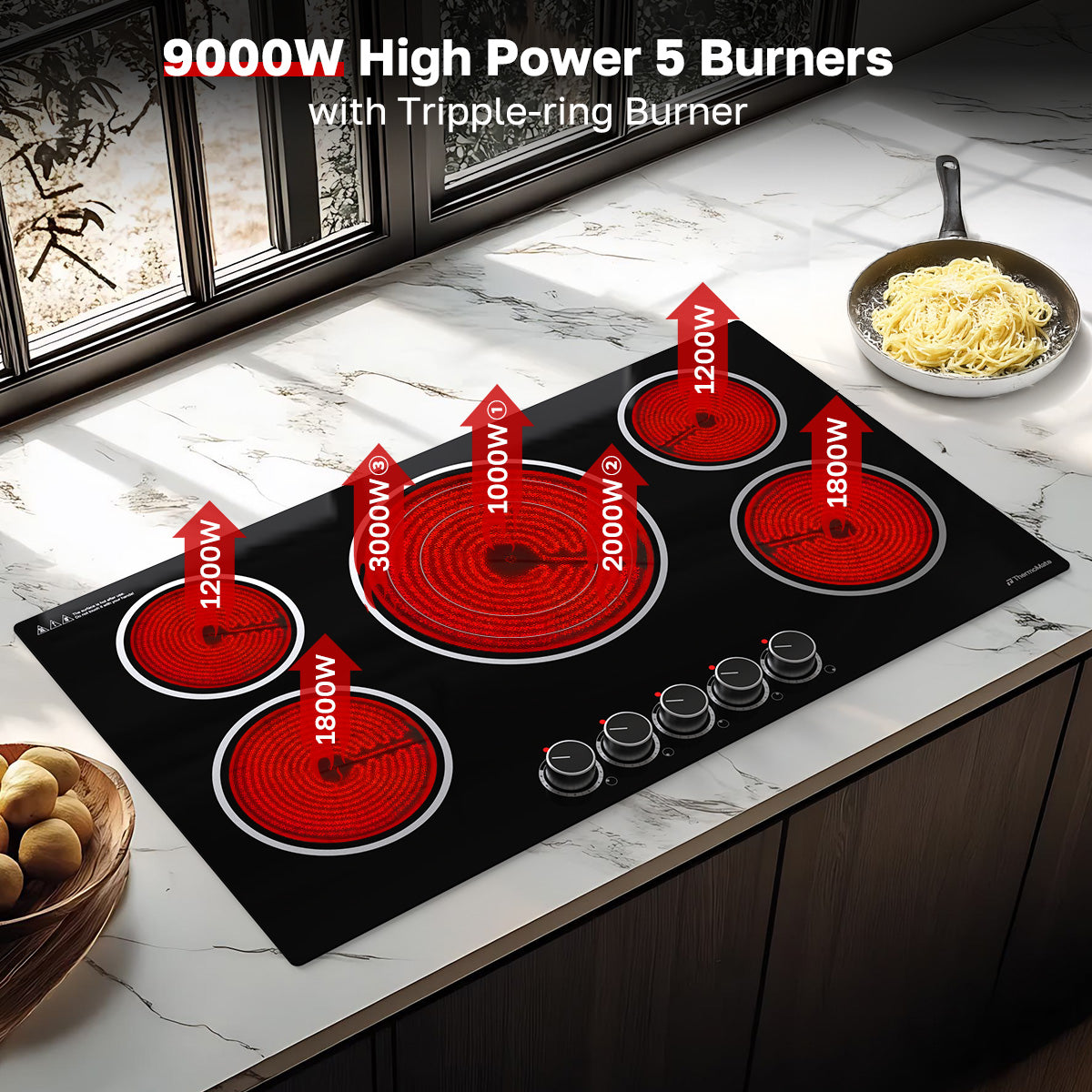 9000W High Power 5 Burners
with Tripple-ring Burner