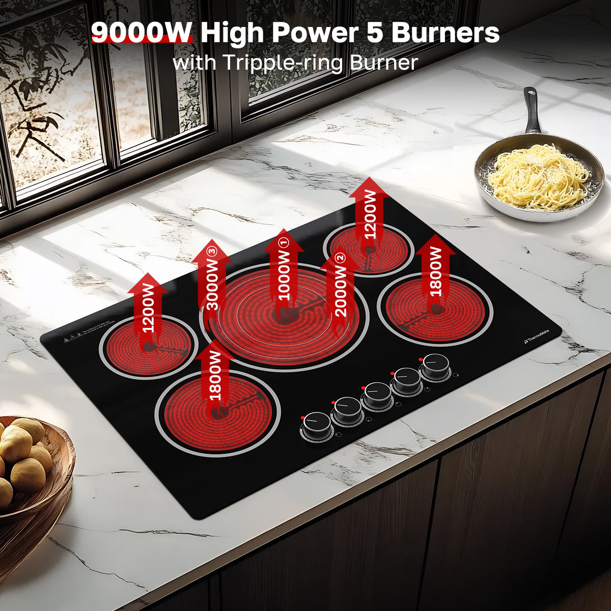 9000W High Power 5 Burners
with Tripple-ring Burner