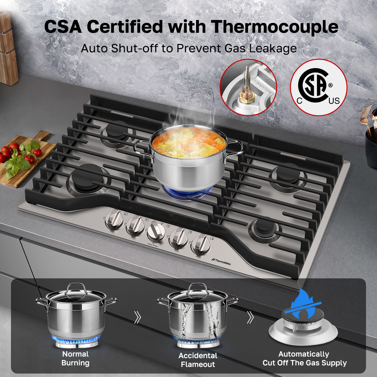 CSA Certified with Thermocouple Auto Shut-off to Prevent Gas teakage