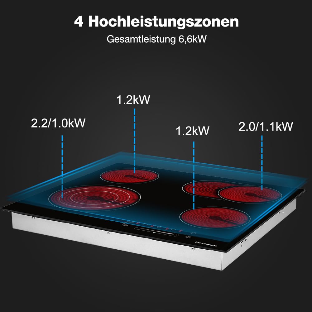 Ceramic Hob, thermomate 60cm Built-in Radiant Electric Cooktop with Stop & Go Function, 6700W Electric Hob with 4 Zones, 9 Heating Level, Timer & Kid Safety Lock, Sensor Touch Control