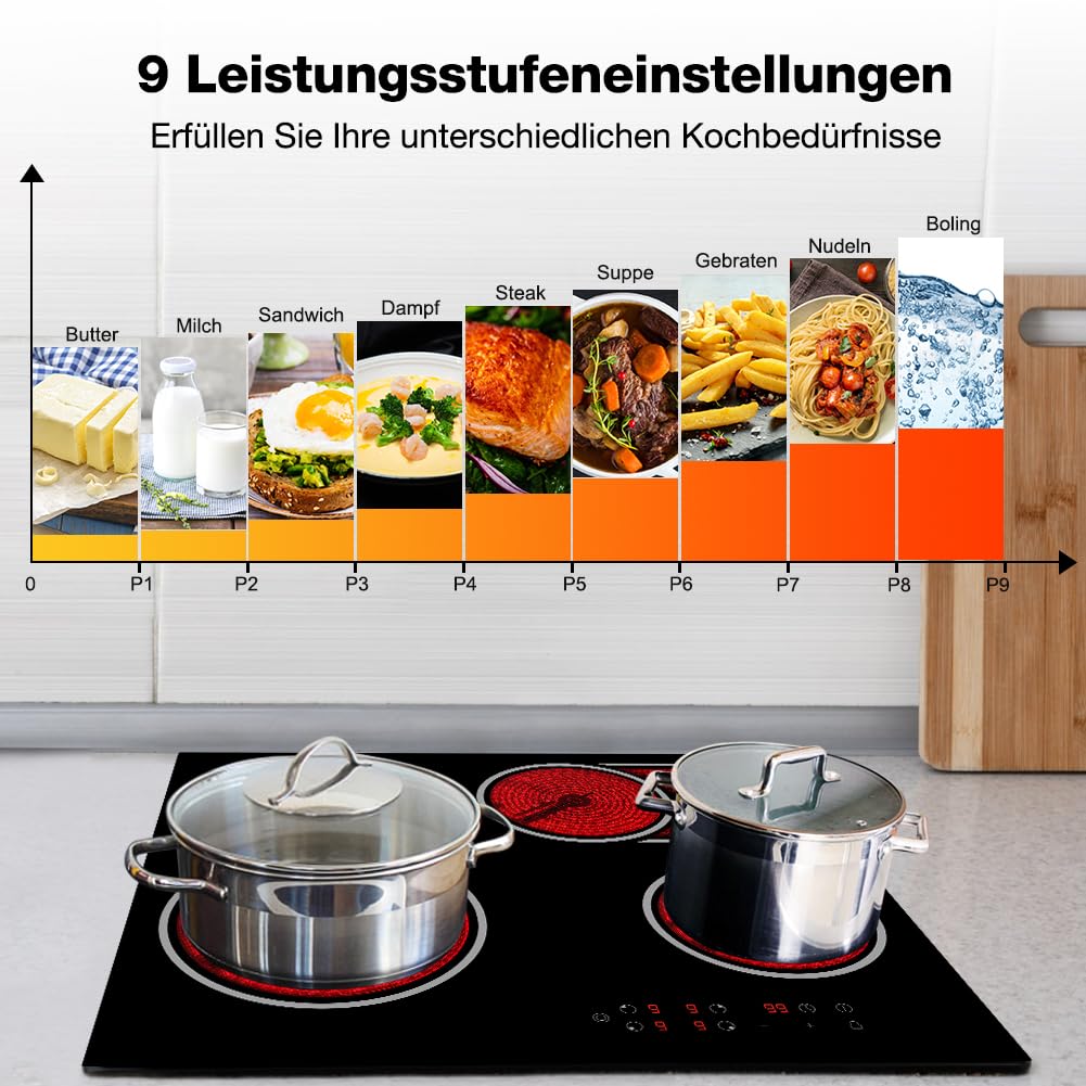 Ceramic Hob, thermomate 60cm Built-in Radiant Electric Cooktop with Stop & Go Function, 6700W Electric Hob with 4 Zones, 9 Heating Level, Timer & Kid Safety Lock, Sensor Touch Control