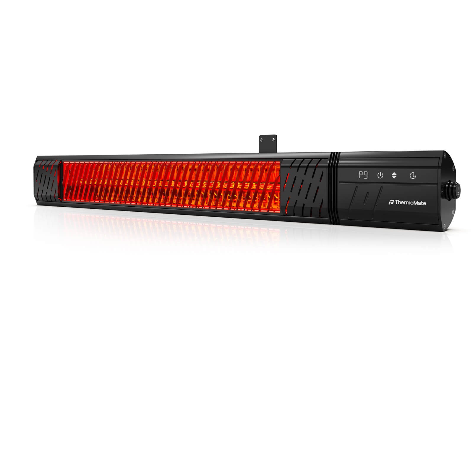 Angled close-up of the ThermoMate EIH1500GLB 1500W infrared patio heater glowing red with a digital control panel.