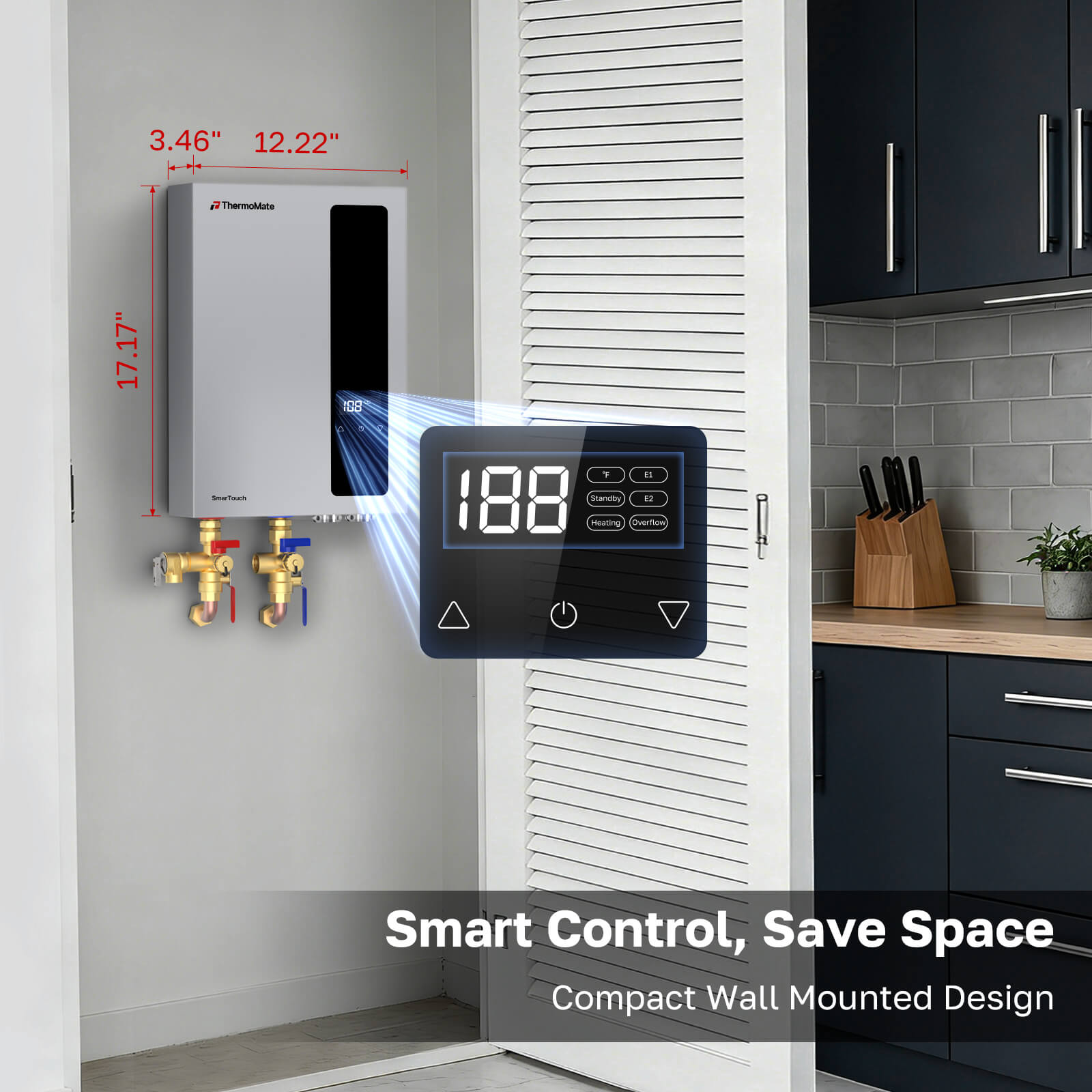 ThermoMate electric tankless water heater installed in a small utility closet with touch control display and compact space-saving wall mount.
