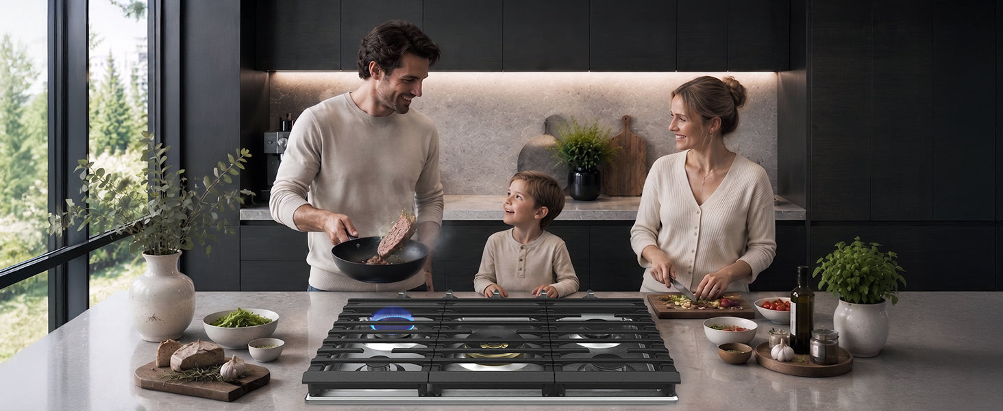 Family cooking together in a modern kitchen with ThermoMate 30 inch 5 burner gas cooktop