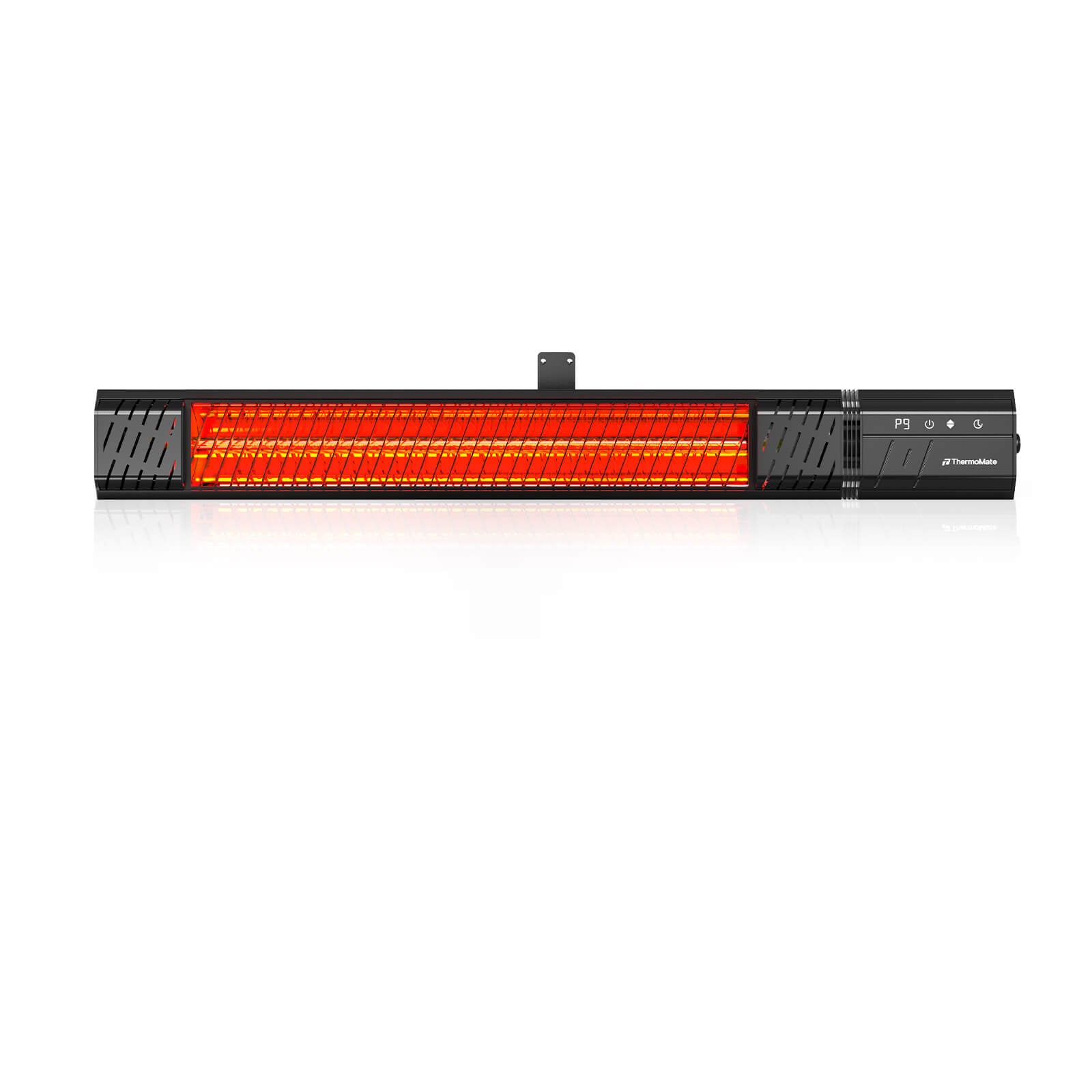Front view of the ThermoMate EIH1500GLB wall-mounted infrared patio heater operating at heat level P9.