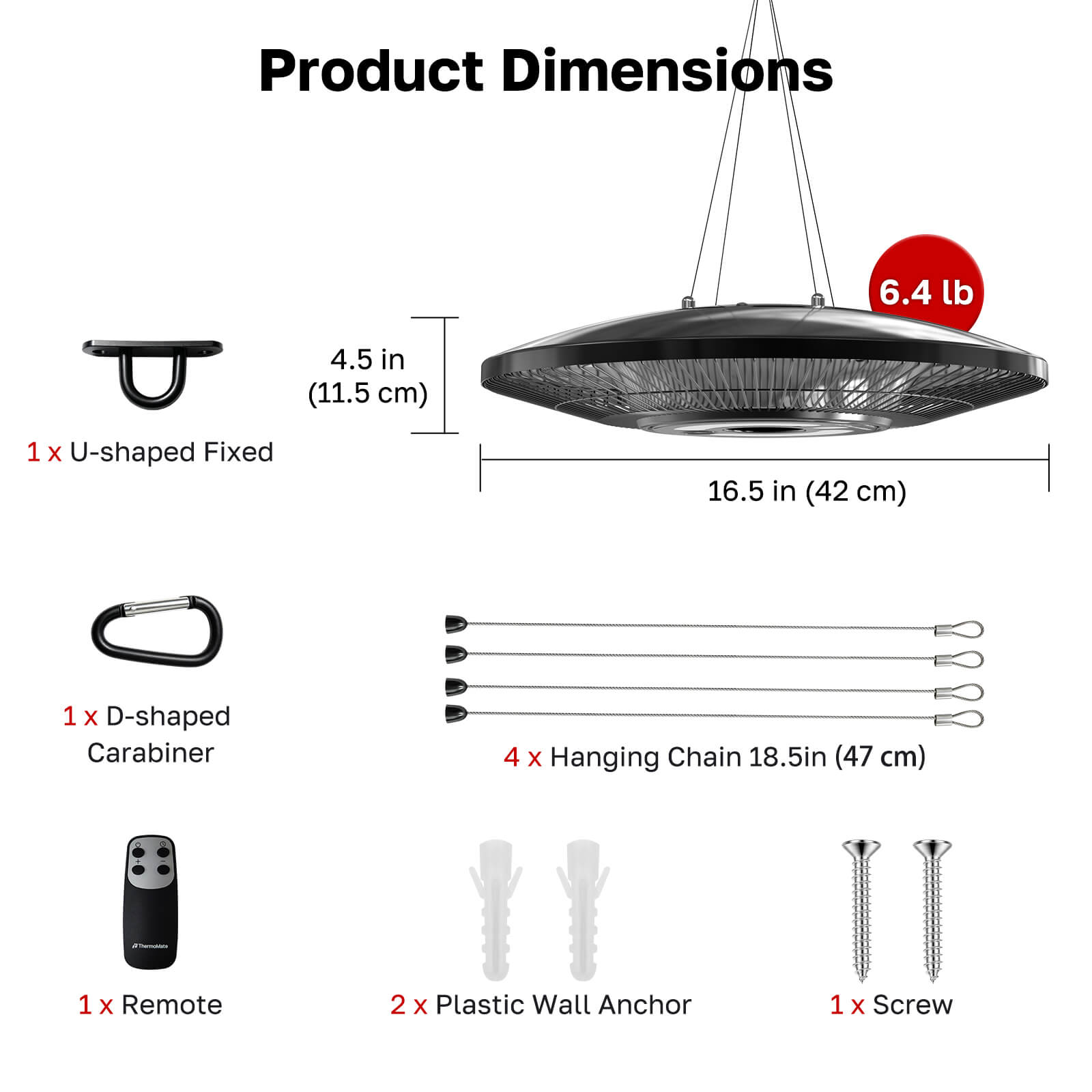 Hanging patio heater dimensions with ceiling mount, chains, carabiner, remote and installation hardware