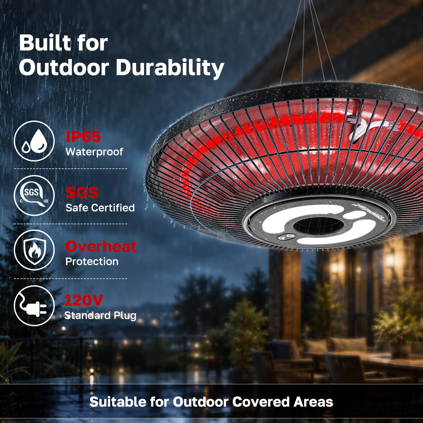 IP65 waterproof outdoor hanging patio heater with overheat protection and 120V standard plug