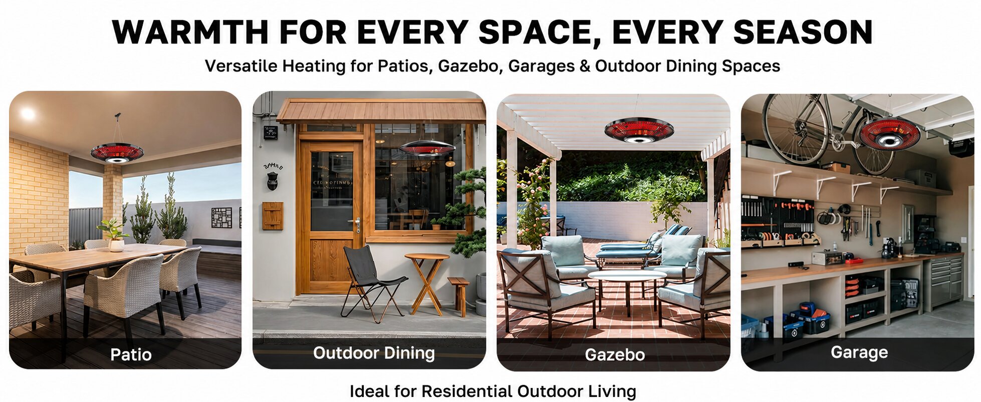 Infrared hanging patio heater for patios, outdoor dining areas, gazebos and garages