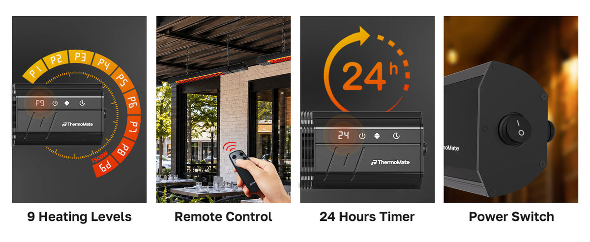 Infrared patio heater controls with 9 heat levels, remote control, 24-hour timer and power switch