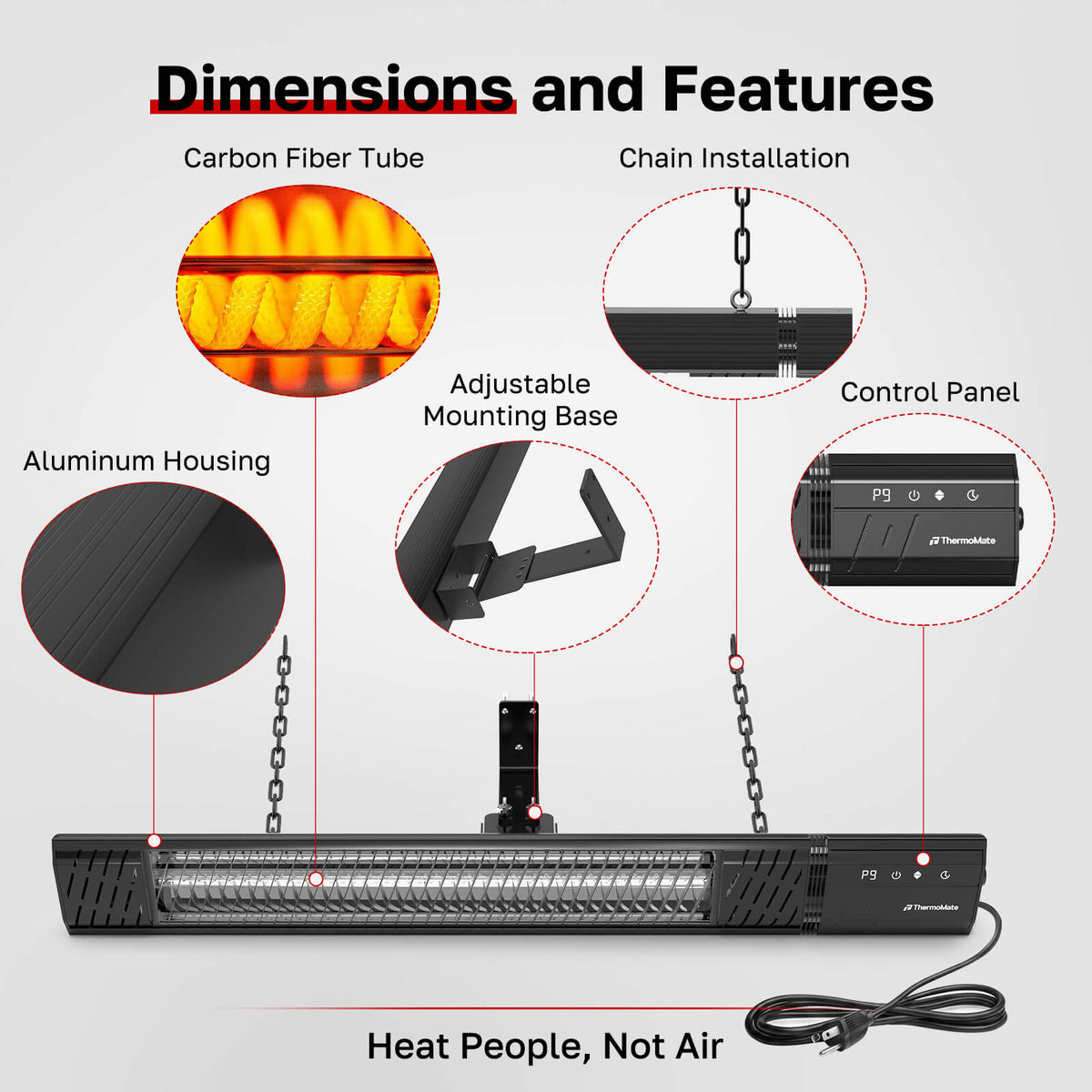 Infrared patio heater with carbon fiber heating tube, aluminum housing, mounting bracket and control panel
