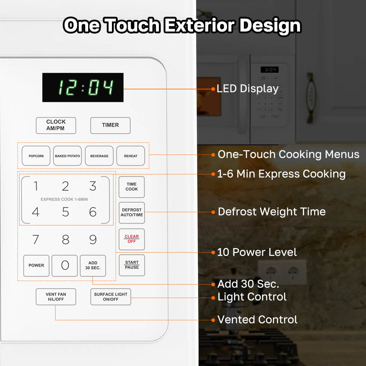 Control panel of a microwave oven with labeled features and a kitchen background.