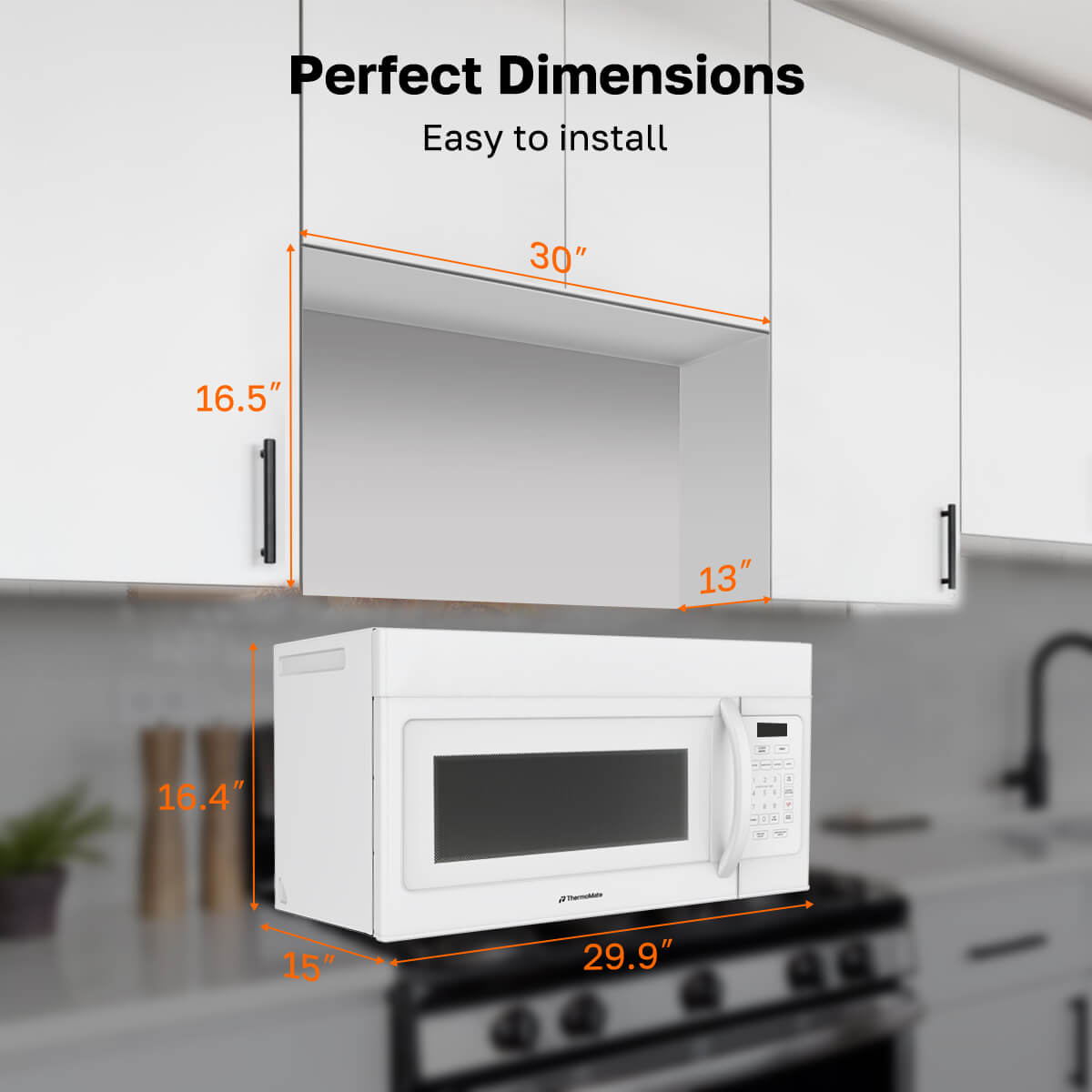 White microwave with dimensions overlaid on a kitchen background