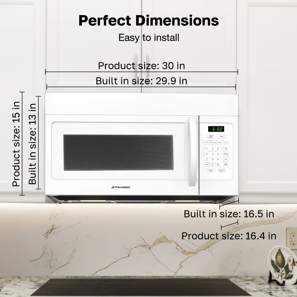 ThermoMate microwave oven with dimensions labeled on a kitchen counter.