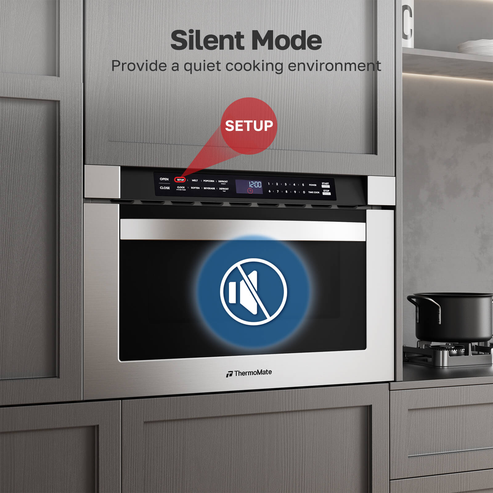 Stainless steel oven with 'Silent Mode' feature display in a kitchen setting