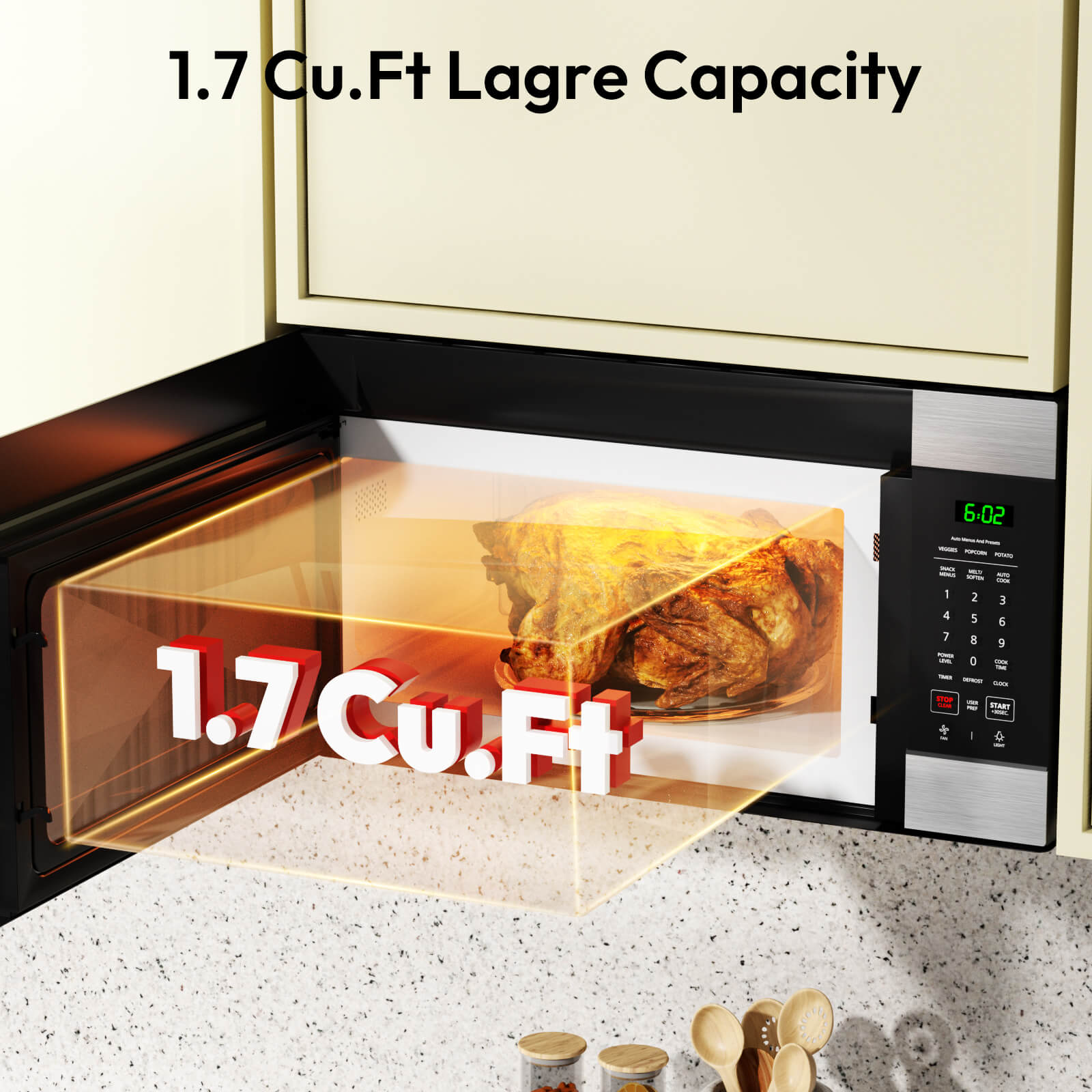 ThermoMate 30-inch stainless steel over-the-range microwave with viewing window and food cooking inside