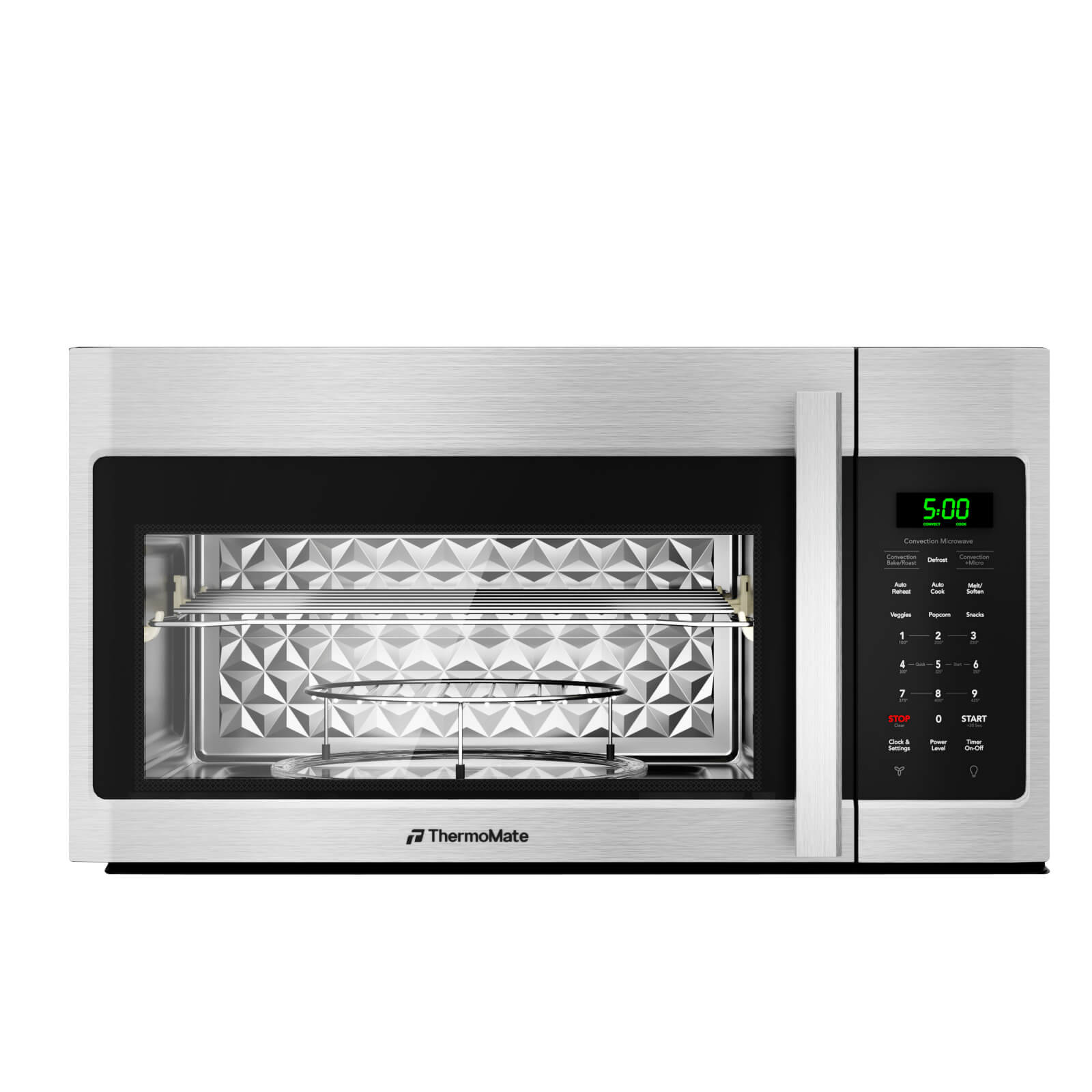 ThermoMate over-the-range convection microwave showing spacious 1.5 cu. ft. interior with turntable, oven rack, and round wire rack