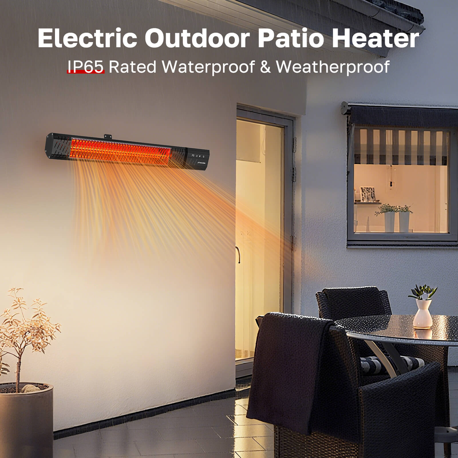 ThermoMate 1500W wall-mounted electric infrared patio heater warming an outdoor dining area with IP65 weather protection.
