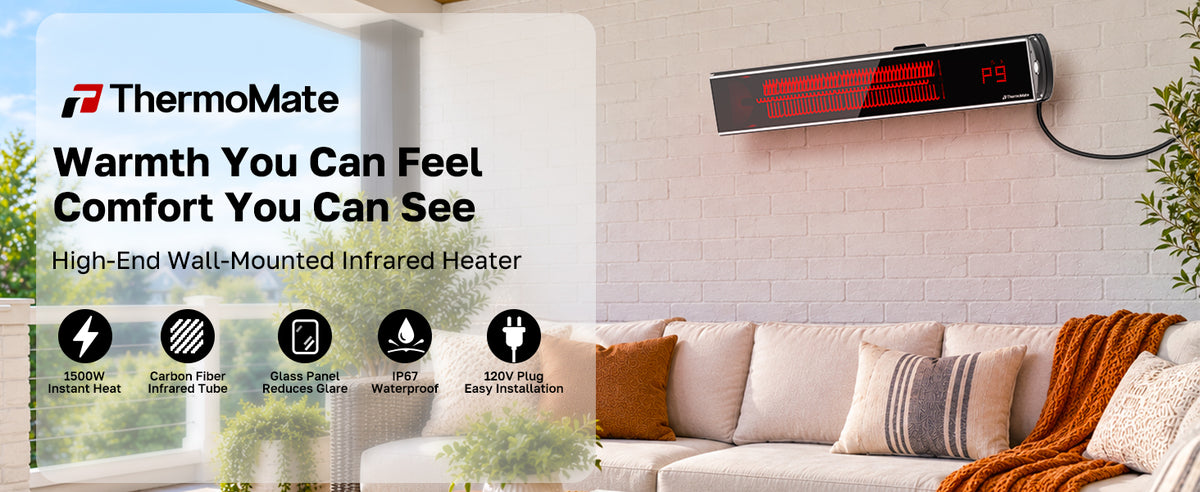 ThermoMate 1500W wall-mounted infrared patio heater with carbon fiber heating, low-glare glass panel, IP67 waterproof design and 120V plug-in