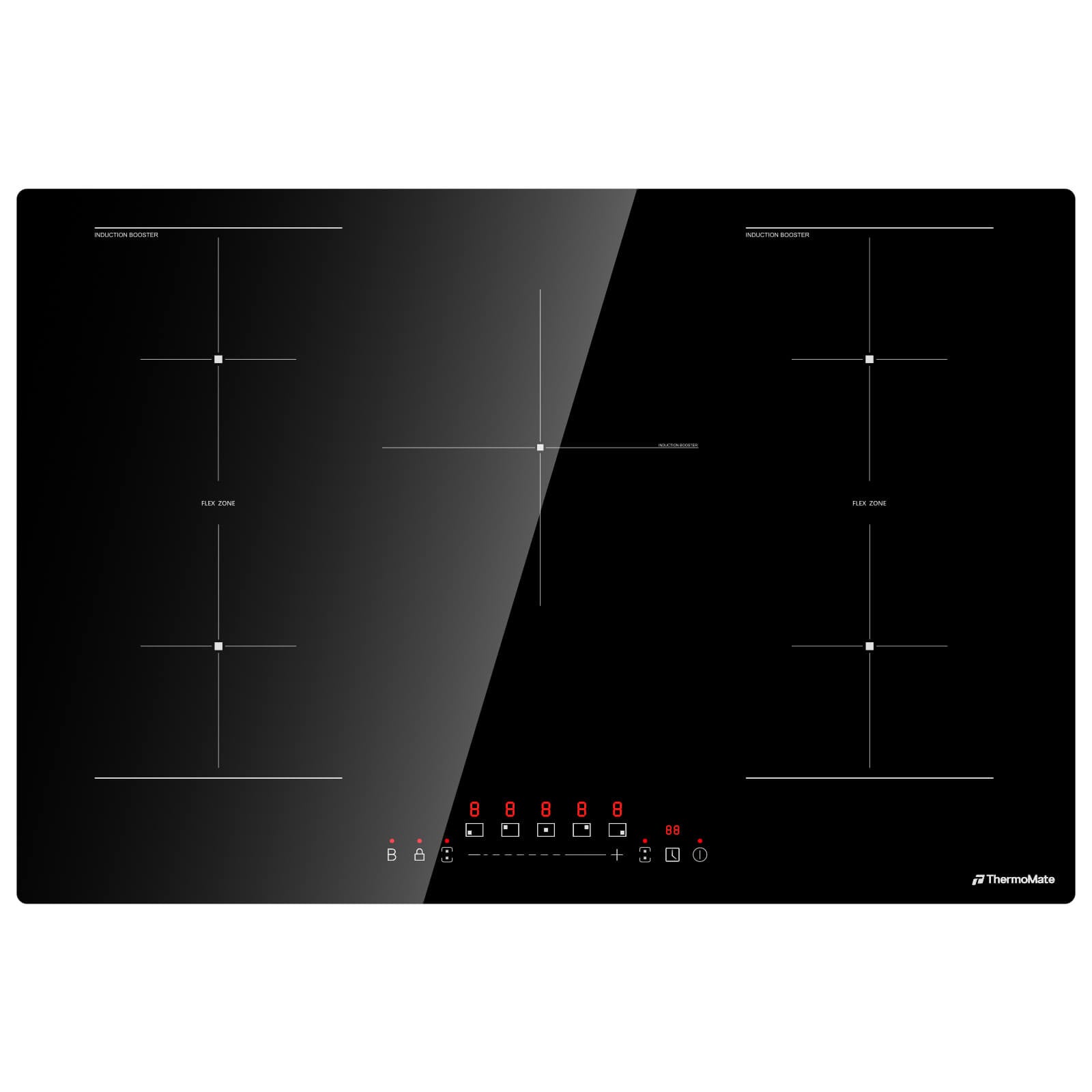 ThermoMate 30-inch 5-zone black glass induction cooktop with dual flex zones and touch controls