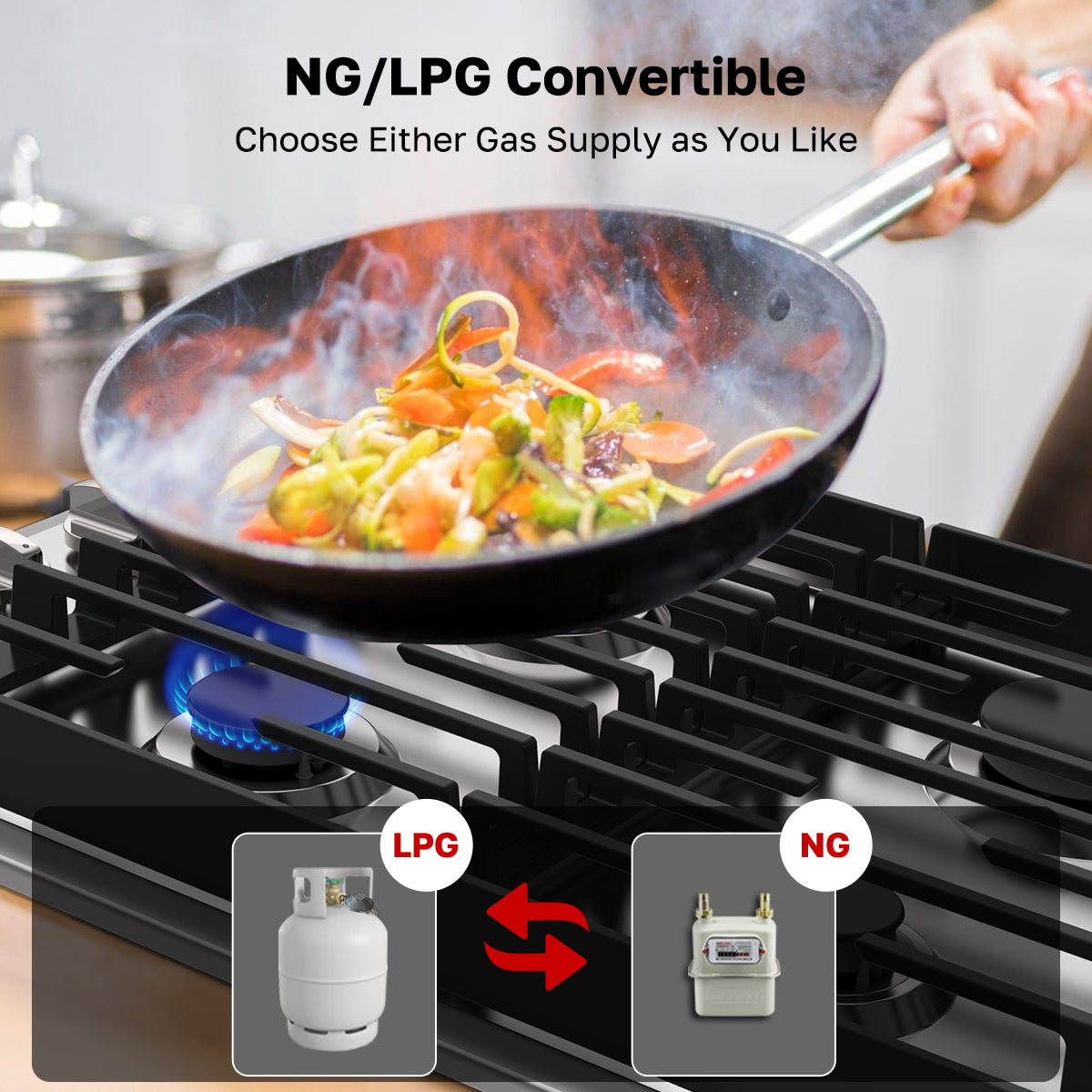 ThermoMate 30-inch gas cooktop convertible between natural gas and liquid propane