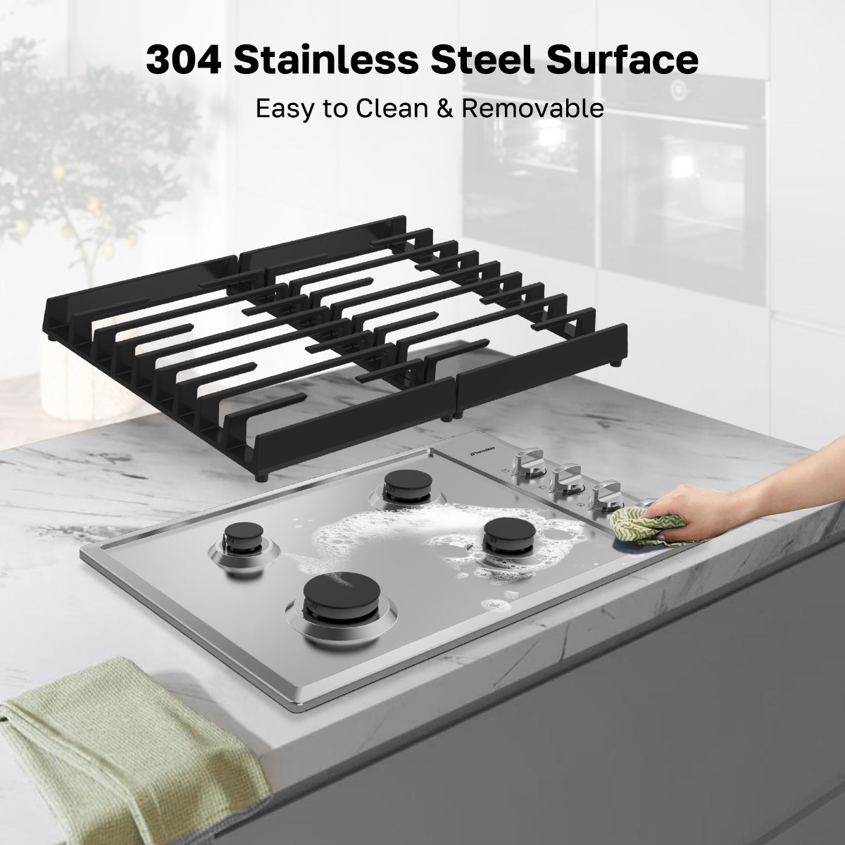 ThermoMate 30-inch gas cooktop with removable cast iron grates and easy-clean 304 stainless steel surface