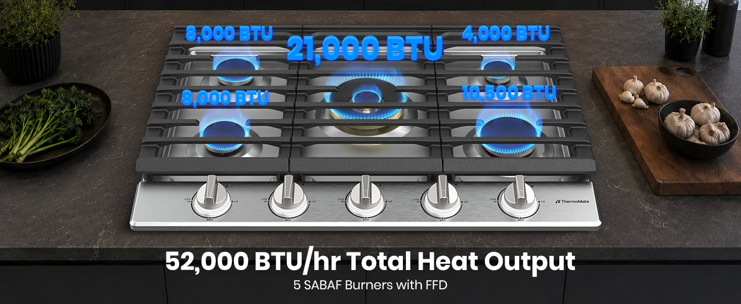 ThermoMate 30 inch 5 burner gas cooktop with 52,000 BTU total heat output and 21,000 BTU center SABAF burner