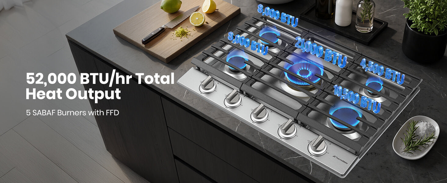 ThermoMate 30 inch 5 burner gas cooktop with 52,000 BTU total heat output and 21,000 BTU center SABAF burner
