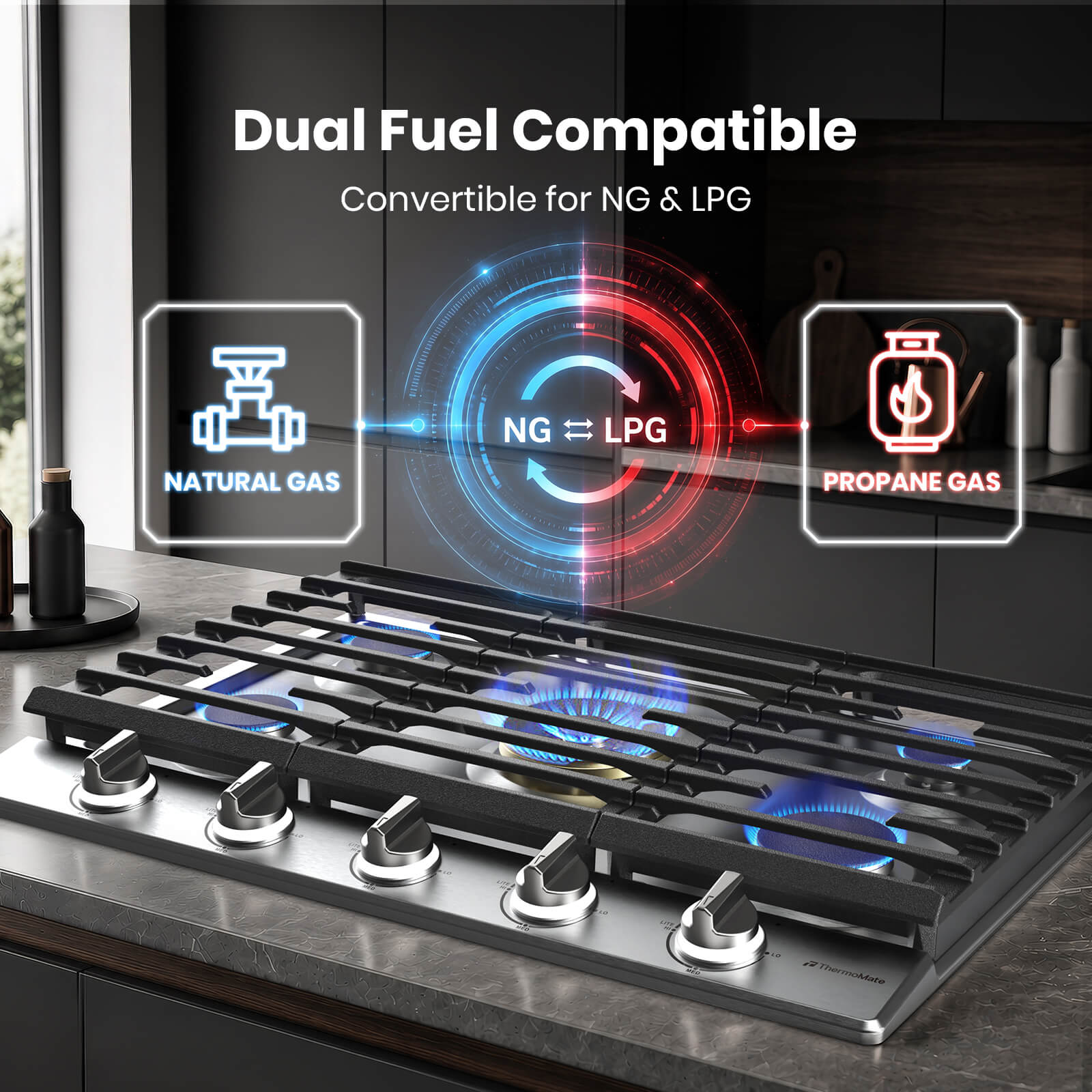ThermoMate 30 inch gas cooktop convertible for natural gas and propane with five burners