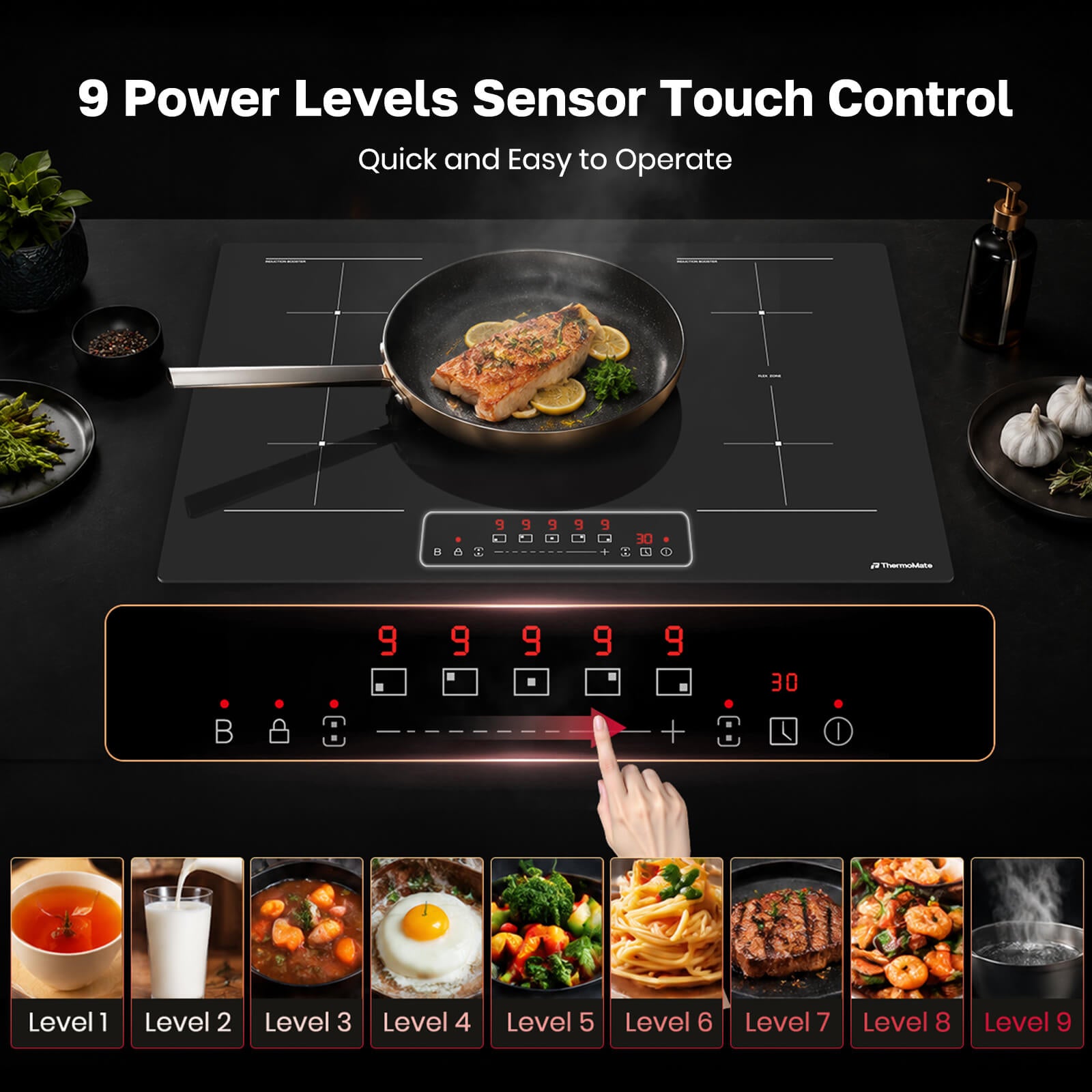 ThermoMate 5-zone induction cooktop with 9 power levels and sensor touch control for precise cooking