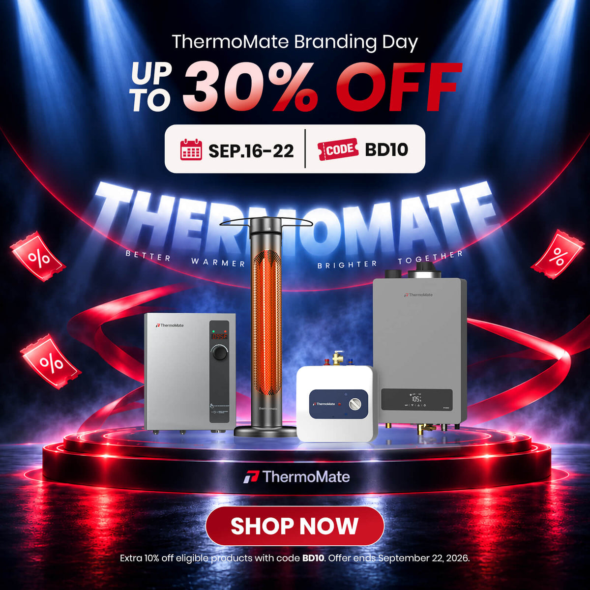 ThermoMate Branding Day promotion featuring water heaters and patio heater with up to 30% off, September 16–22.