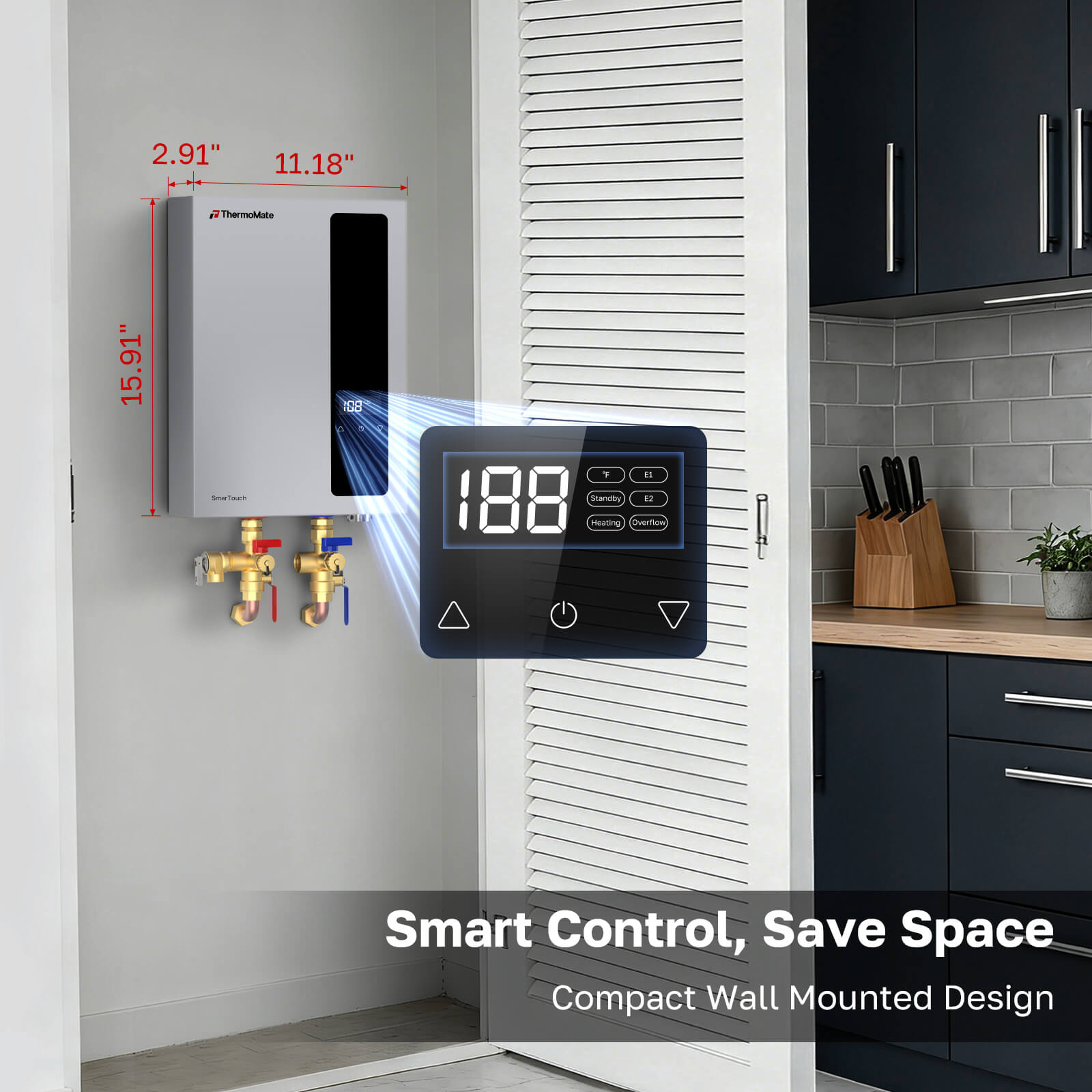 Compact wall-mounted ThermoMate tankless water heater showing slim dimensions and smart touch control panel