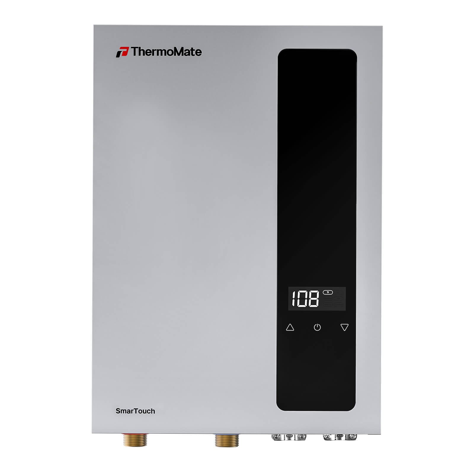 Front view of ThermoMate EH270 27kW electric tankless water heater with digital touch temperature display